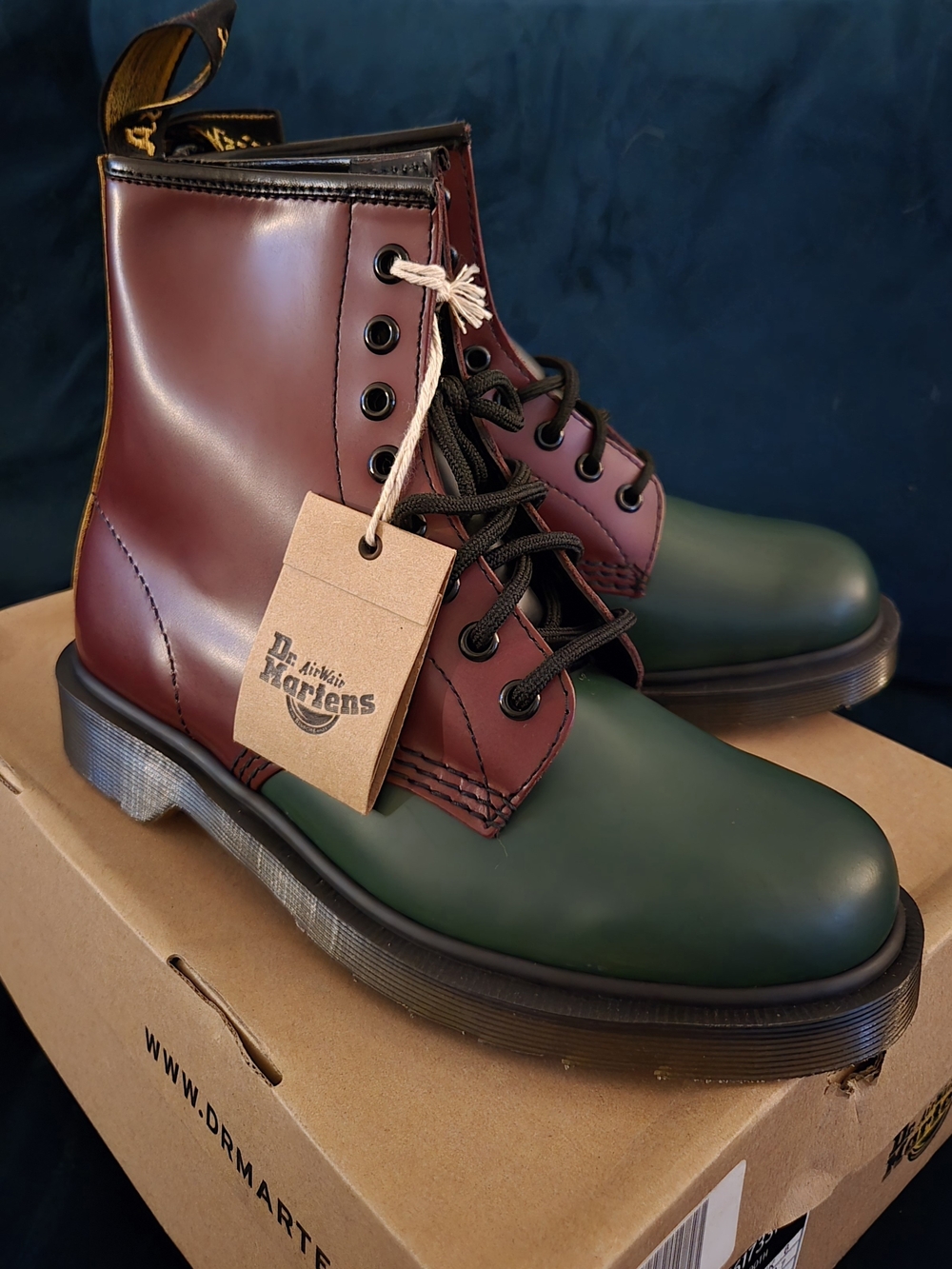 Dr. Martens Tri-Tone Burgundy, Green & Yellow 8-Eye Leather Boots
